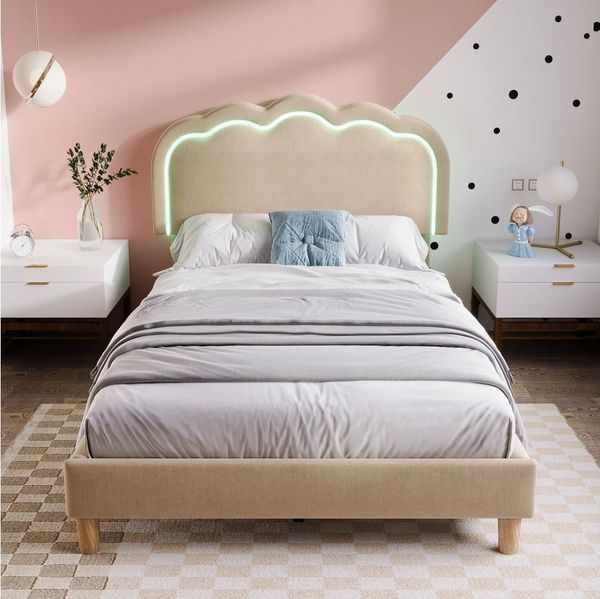 Ulife Polsterbett Jugendbett Bettgestell mit LED-Licht und Kopfteil, Bettrahmen Jugendbett für Schlafzimmer Gästezimmer-Leinen,90x200cm