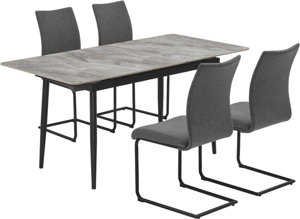 OTTO home Essgruppe Stevian, (Set, 5-tlg, Ausziehbarer Esstisch + 4 Stühle), Holz, Strukturstoffbezug, Freischwingerstühle, gesteppten Bänken