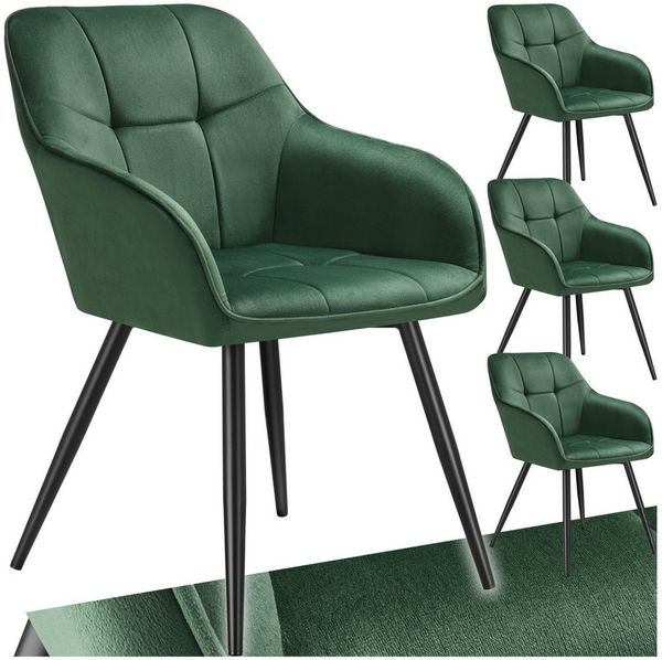 tectake Esszimmerstuhl Polstersessel gepolstert, in Samtoptik, gesteppt, 58 x 62 x 82 cm (Küchenstuhl Marilyn in dunkelgrün/schwarz, 4 St), durchgehende Lehne, Stahlbeine, bodenschonend, Belastbarkeit 120 kg