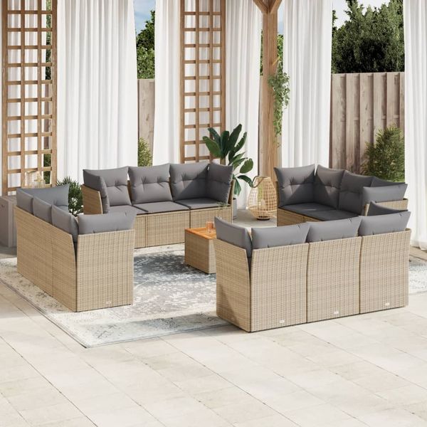 vidaXL 13-tlg. Garten-Sofagarnitur mit Kissen Beige Poly Rattan 3255870