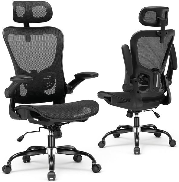 GTPLAYER Bürostuhl Ergonomisch, Schreibtischstuhl mit Verstellbarer Kopfstütze, Armlehnen, Lendenwirbelstütze, Büro Stuhl & Gaming Stuhl Wippfunktion, Chefsessel aus Mesh, 150kg(Tiefschwarz)