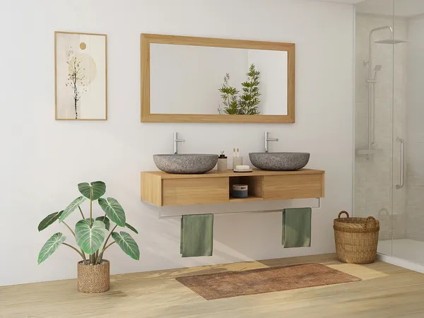 Vente-unique - KUPANG Waschbeckenmöbel Holz, Platte Beige - B 50 cm x H 32 cm x L 140 cm