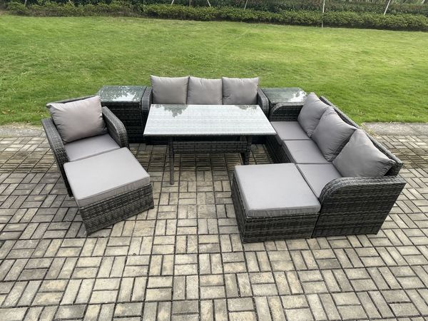 Fimous 9 Sitzer Outdoor Rattan Gartenmöbel-Set Langer Rechteckiger Esstisch und Sesseln Set mit 3 Sitzer Sofa 2 Großer Hockern 2 Beistelltischen Dunkelgrau gemischt