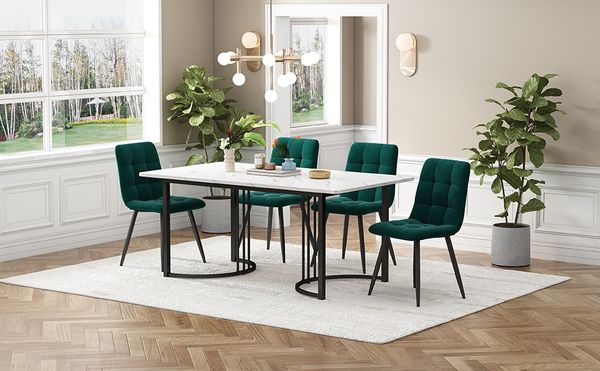 Esstisch 140x80x75 cm Weiß mit Marmor-Muster – 5-tlg Set (1 Tisch + 4 Samtstühle),Weiß und Grün