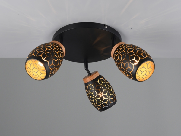 Reality Leuchten Deckenleuchte Bidar R61573380, Metall Schwarz matt/goldfarbig, exkl. 3x E14