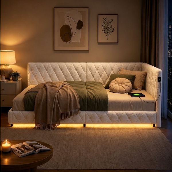 Simurq Polsterbett Daybett mit LED-Beleuchtung & USB, Tagesbett Jugendbett (Packung, 1-tlg, Teddysamt, in 2 Größen verfügbar), Schlafsofa Sofabett Doppelbett