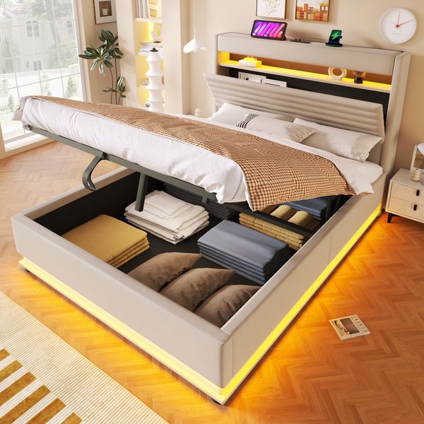 Polsterbett mit LED-Streifen, Stauraum, Schrank, USB und Type-C, 140x200 cm, gepolsterter Kopfteil mit Schrank, Einzelbett, Stauraumbett, Leinen