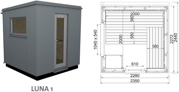 Infraworld Luna 1 Außensauna mit HPL-Platten Anthrazit versch. Fenstergrößen und Inneneinrichtung Luna 1 - Fenster (BxH): 1040x540 mm