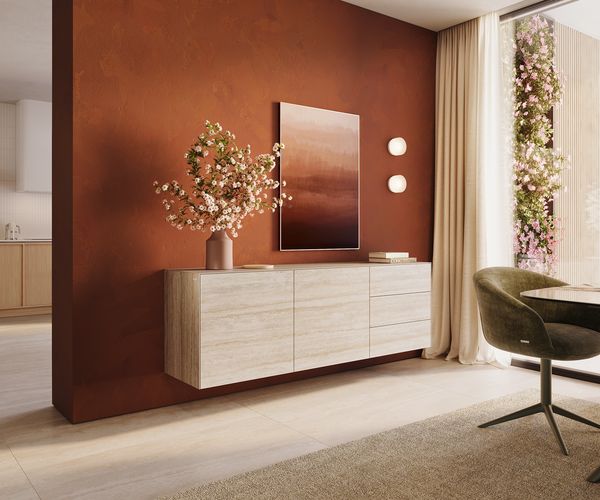 Sideboard Cuor 180 cm Keramik Laminam® Travertino Bianco Creme-Weiß 2 Türen 3 Schubfächer Schwebend