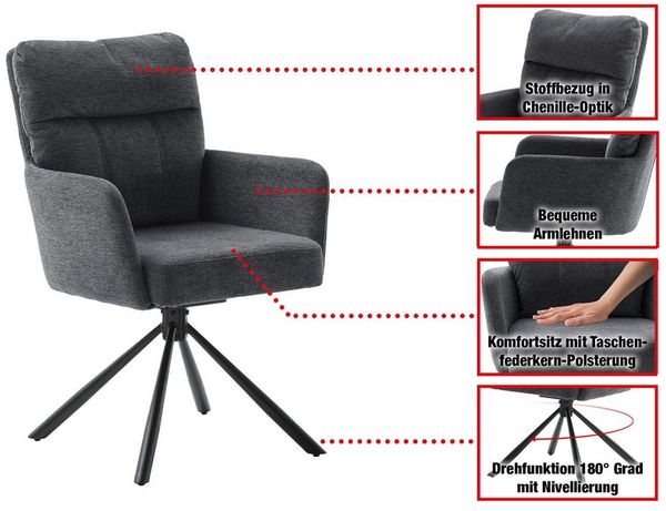 Massivart® Polsterstuhl drehbar, Esszimmerstuhl mit Taschenfederkern, Chenille-Optik, »UTICA«, Armlehnen · Metallgestell matt schwarz · Rückholfunktion