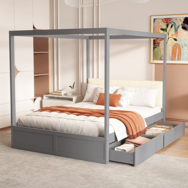 Kinderbett 140×200 cm im Zeltdesign mit gepolsterter Rückenlehne, Schubladen, Weiß/Grau