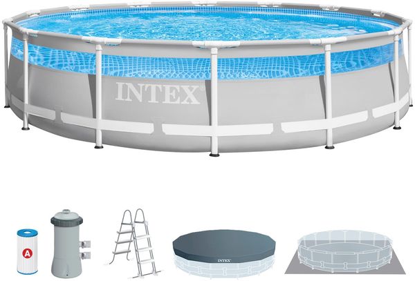 Intex 26722NP – Aufstellpool Prism Frame Clearview Rund, Filterpumpe 3785 L/h, Leiter, Bodenplane und Abdeckplane, 12706 L, Stahl und PVC, Grau, 427x107 cm