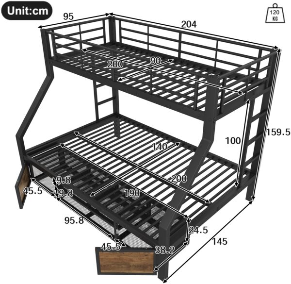 Merax Etagenbett, Kinderbett, 90 x 200 cm&140 x 200 cm, mit Schuhschrank, Staufächern, Sicherheitsgeländer, ohne Matratze, schwarz Bild 4