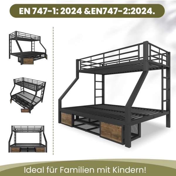 Merax Etagenbett, Kinderbett, 90 x 200 cm&140 x 200 cm, mit Schuhschrank, Staufächern, Sicherheitsgeländer, ohne Matratze, schwarz Bild 6
