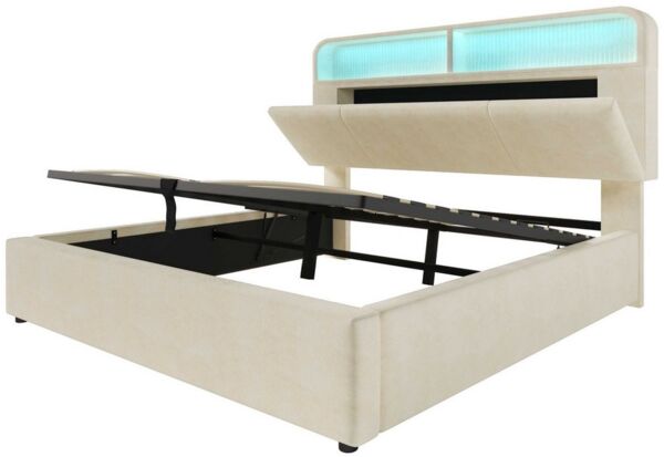 BlingBin Polsterbett Stauraumbett (1-tlg, mit Höhenverstellbares Kopfteil, LED, USB- & Typ-C-Ladestation), 160x200 cm hydraulischem Stauraum, stabilem Metallrahmen