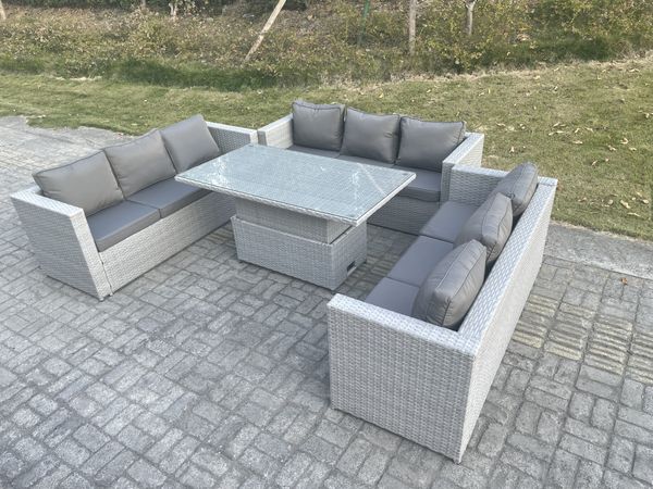 Fimous Rattan Gartenmöbel Set mit Sofa; Höhe verstellbar Esstisch;Outdoor Terrassen Essgruppe 4-teilige Sitzgruppe Helles Grau