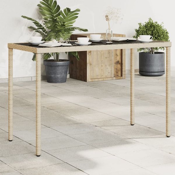 Gartentisch, Balkontisch mit Glasplatte Beige 115 x 54 x 74 cm Poly Rattan