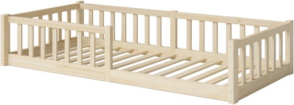 Bellabino 'Vere' Bodenbett 90x200 cm mit Matratze, natur, Massivholz Kiefer, Montessori Kinderbett mit Rausfallschutz und Lattenrost Bild 2