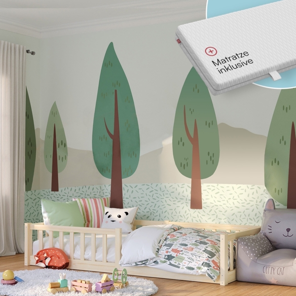 Bellabino 'Vere' Bodenbett 90x200 cm mit Matratze, natur, Massivholz Kiefer, Montessori Kinderbett mit Rausfallschutz und Lattenrost