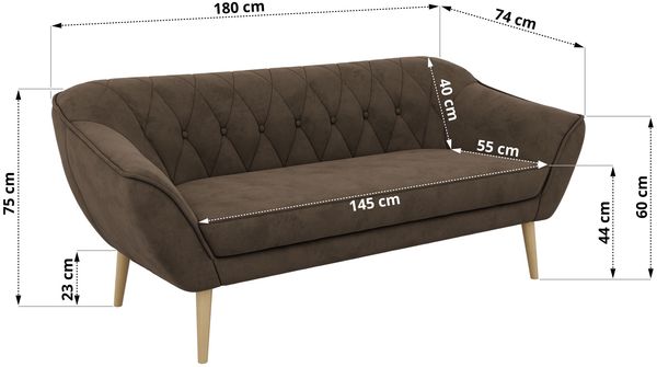 Sofa, Wohnzimmersofa PIRS 3, Skandinavisches Sofa 3-Sitzer, Sofa mit Wellenfederung, Buche Füße, Breite 180 cm Hoher Sitzkomfort - Braun Velvet Bild 5
