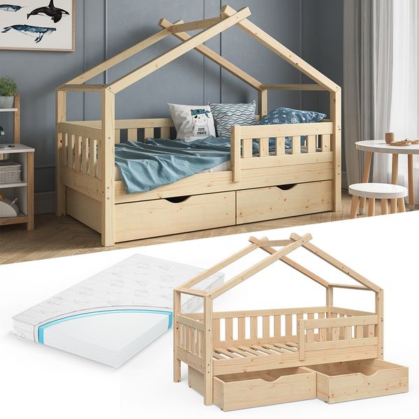 Hausbett Design Naturholz 80x160 cm mit 2 Schubladen und Matratze Vitalispa Bild 2