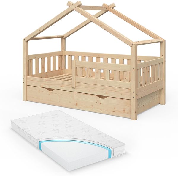 Hausbett Design Naturholz 80x160 cm mit 2 Schubladen und Matratze Vitalispa