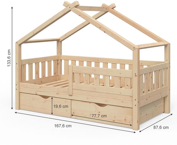 Hausbett Design Naturholz 80x160 cm mit 2 Schubladen und Matratze Vitalispa Bild 3