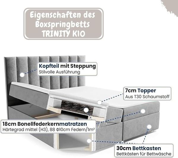Best for Home Boxspringbett mit Bettkasten Trinity K10 Lux, mit Bettkasten, inkl. 7 cm Topper (140x200 160x200 180x200 200x200 cm), Verschiedene Liefermöglichkeiten, TOP Preis-Leistungs-Verhältnis Bild 6