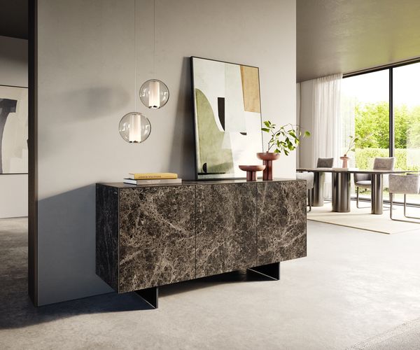 Sideboard Cuor 150 cm Keramik Emperador Extra Lucidato Dunkelbraun 3 Türen Fuß Schwebeoptik Metall Schwarz