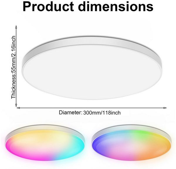 Rosnek LED Deckenleuchte 48/30W, RGB+CCT, WiFi, Unterputzmontage, für Schlafzimmer Wohnzimmer, 30W, LEDs, RGB+CCT, Intelligente Deckenleuchte