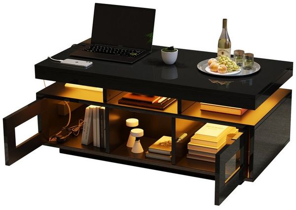 MODFU Couchtisch mit Hochglanz-Oberfläche (Satztisch, Wohnzimmertisch, Beistelltisch, 1-St, mit Ladeanschluss und steckdose), mit per mobiler App steuerbaren LED-Leuchten
