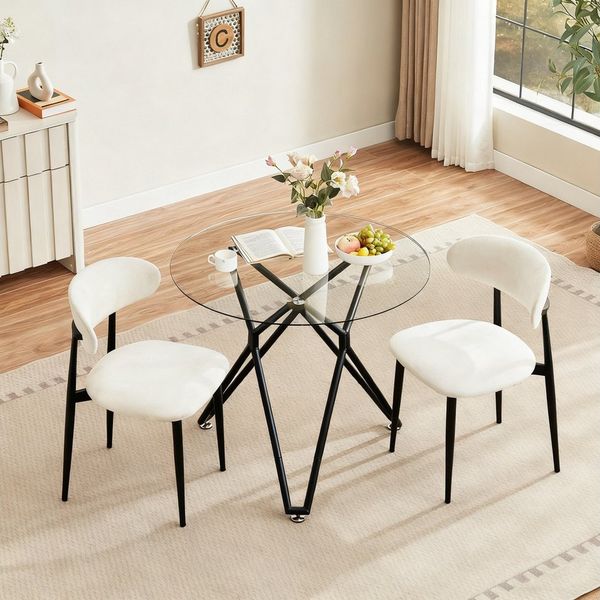 REDOM Esstisch 90 cm Glas-Couchtisch rund, kompakter Küchentisch mit Metallbeinen