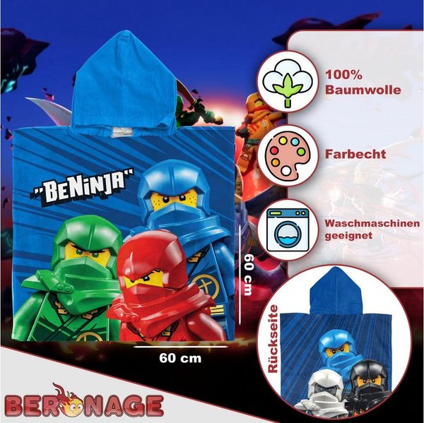 BERONAGE Kapuzenhandtuch LEGO Ninjago Kinder Kapuzen Bade-Poncho Blau 60x120 cm Bademantel, Baumwolle (1-St), Frottee in Velours-Qualität