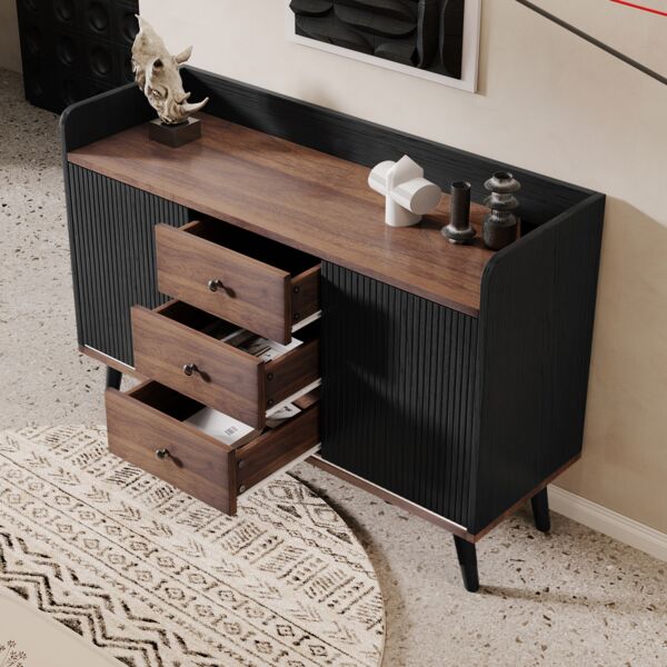 Sideboard 117,5 x 40 x 80 cm aus MDF/Spanplatte in Schwarz/Holzoptik mit Schiebetüren & 3 Schubladen
