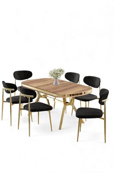 Modernes 7-teiliges Esszimmer-Set mit Tisch und Stühlen, Eiche & Gold/Schwarz, 100% lackierte Oberfläche, Metallbeine, stilvoll und langlebig