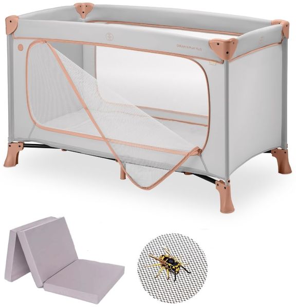 hauck Baby Reisebett Set Dream n Play Plus mit Matratze und Moskitonetz - faltbares Kinder Babyreisebett mit Tasche und großem Eingang - Dusty Cork