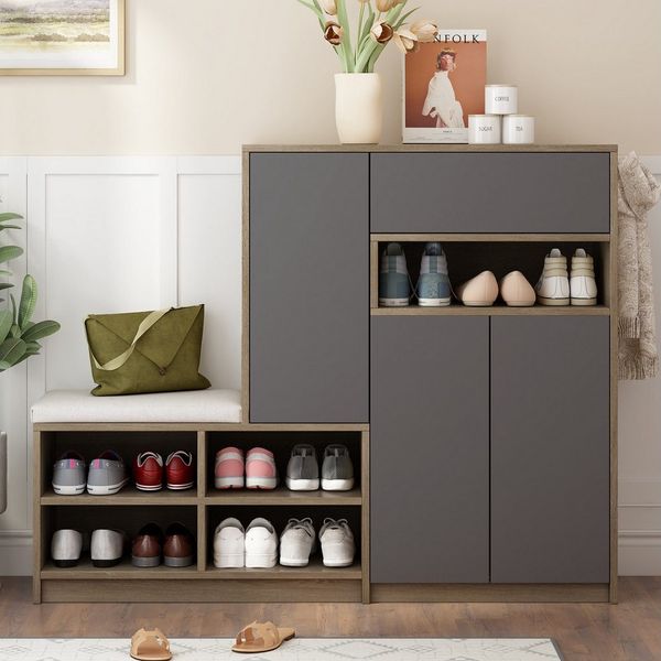 KLAM HOME Schuhschrank Schuhkommode Schuhaufbewahrungsbank multifunktionales Schuhregal (mit 3 hängenden Haken & offenem Stauraum) Wandgarderobe für Flur Diele Wohnzimmer