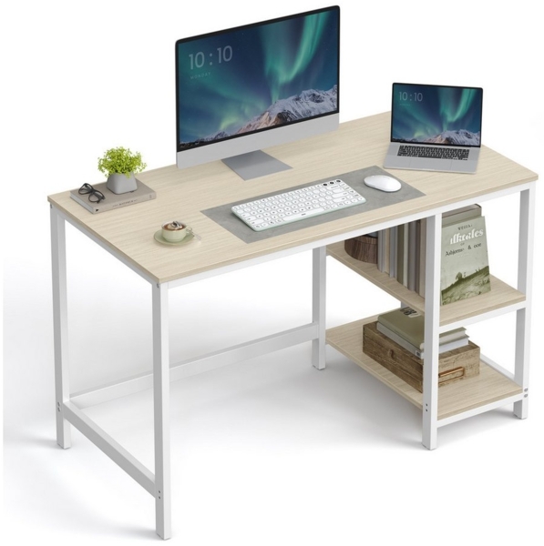 VASAGLE Schreibtisch, Computertisch, PC-Tisch, Bürotisch, mit 2 Ablagen auf der rechten oder linken Seite, fürs Büro, Wohnzimmer, Stahlgestell, modern, naturbeige-perlweiß