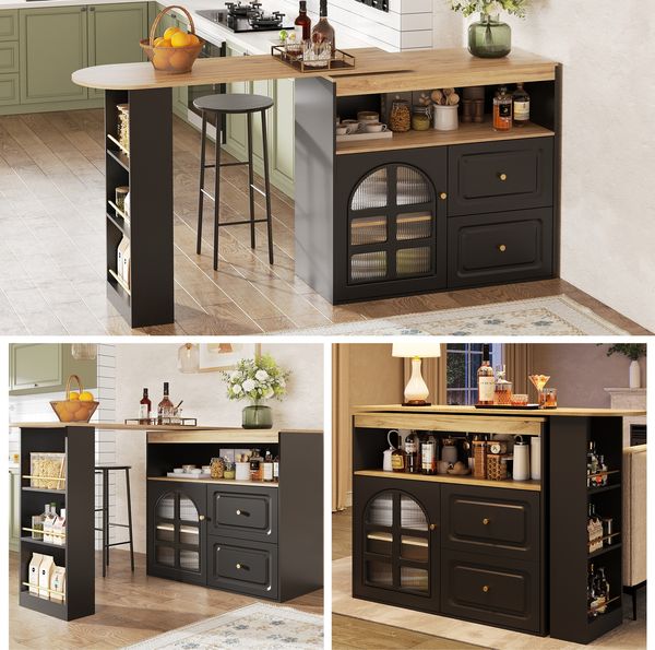 Essbar, 360° drehbare moderne Bar mit 2 Schubladen Snackregal offenem Fach Regalen und Bogenglas, MDF+Metall+Glas, Schwarz