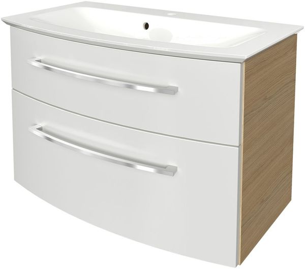 FACKELMANN B.STYLE Waschbecken mit Unterschrank 83 cm breit, Weiß/Braun, Waschbecken Gussmarmor Weiß