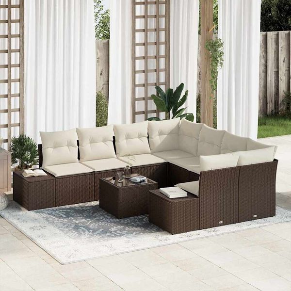 vidaXL Garten-Sofa-Set mit Kissen 9 pcs Braun und Creme Poly-Rattan 3355667