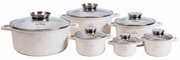 Zilner Topf-Set Set von sechs schönen grauen steinüberzogenen Töpfen, Aluminium, Keramik, Edelstahl, Aluminiumguss (Passt in jede Küche! 1.3L / 2.3L / 2.3L / 3.2L / 4.5L / 6.8L, 12-tlg, Es ist eine perfekte Geschenkidee für jeden Anlass), Innovative Ar...