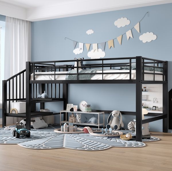Hochbett 90x200 cm mit Stauraumtreppe – schwarzes halbhohes Bett aus MDF und Metall