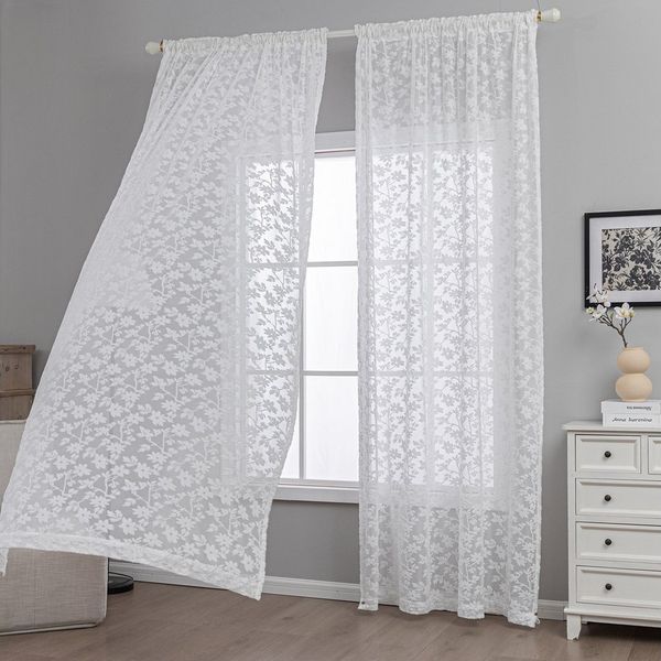 Qelus Vorhang 3D Jacquard Voile Gardinen Weiß mit Stangentasche & Haken, 2er Set, für Wohn- & Schlafzimmer