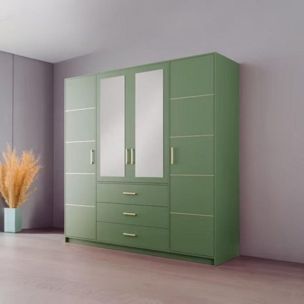 Compleo Kleiderschrank mit 4 Türen und Spiegel, Garderobe mit 3 Schubladen ALEX II Gold griffe