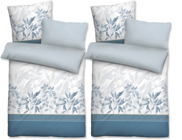 biberna Baumwoll-Satin Bettwäsche 0615170 FLORAL, ciel, 2x 155x220 cm + 2x 40x80 cm + 2x 80x80 cm
