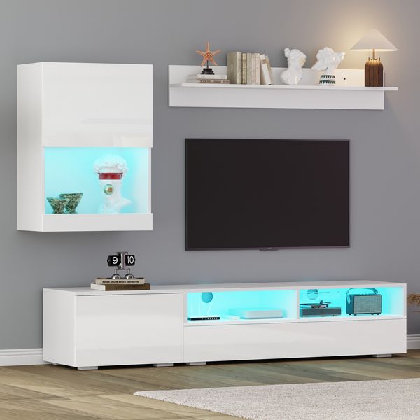 Wohnwand 3-teilig mit TV-Schrank 175 x 39 x 34 cm, LED, Hochglanz und Stauraum in Weiß