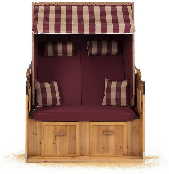 Strandkorb Hanse Strandkorb Strandkorb Ostsee 2 Sitzer rot beige kariert, BxTxH: 120x80x160 cm, Volllieger, Ostsee-Modell, (1-tlg), Stabiles Wacholder mit handgefertigtem Polyrattangeflecht