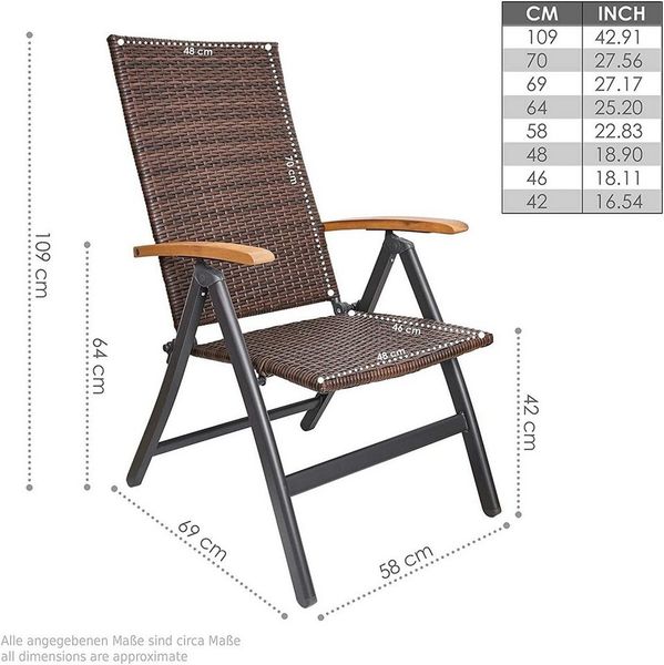BRUBAKER Garten-Essgruppe Garten Sitzgruppe Modena - Gartenstühle mit Tisch, (Set, 1 Glastisch Klapptisch rund 70 cm Ø mit Polyrattan Stühlen), Gartenset Wetterfest mit Gartentisch - Braun/Anthrazit