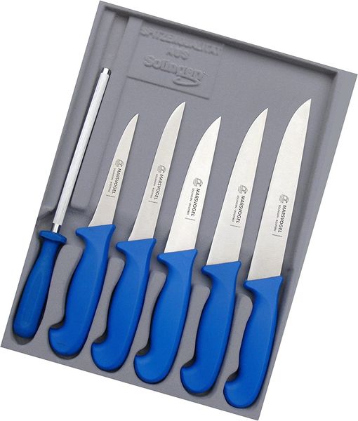 Marsvogel Schlachtermesser Set 6 TLG. GSK Solingen Metzgermesser Set bestehend aus: Stechmesser 6" 7" 8" Ausbeiner/Polker 5" 6" inkl. Wetzstahl (Blau)